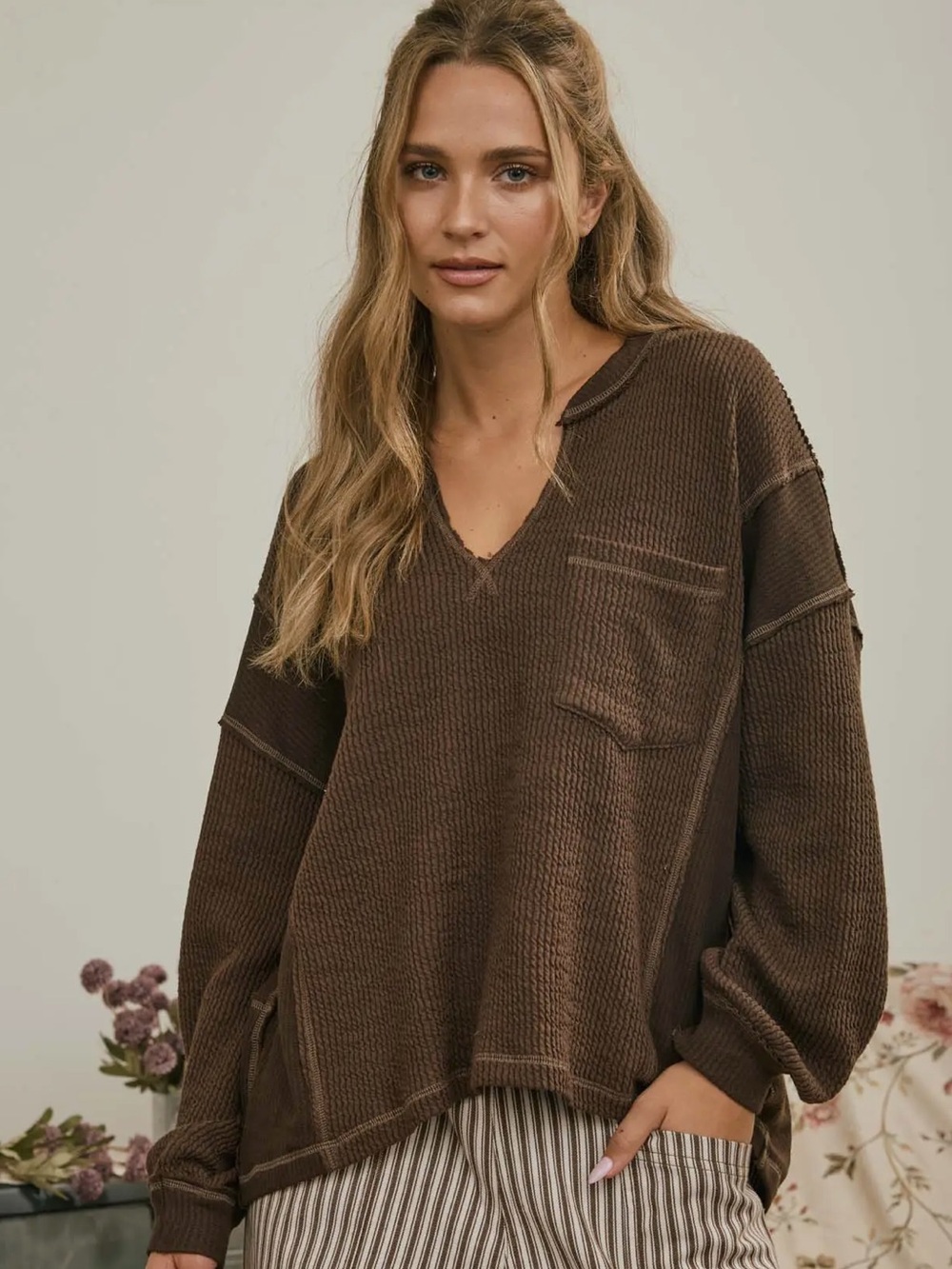 Split Neck Raw Edge Long Sleeve Ribbed Knit Top